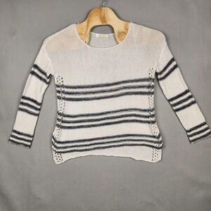 Entro Sweater Womens Medium White Navy Striped Knit Crochet Side Pullover Boho‎